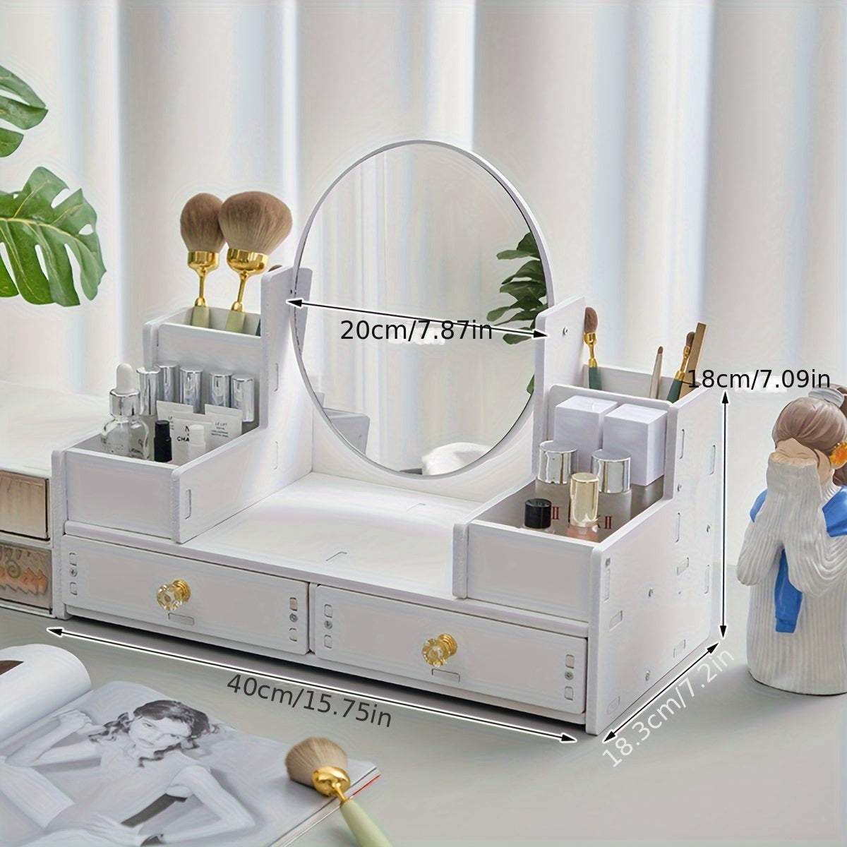Organisateur de Maquillage avec Miroir Ovale – Boîte de Rangement à 2 Tiroirs pour Cosmétiques & Accessoires