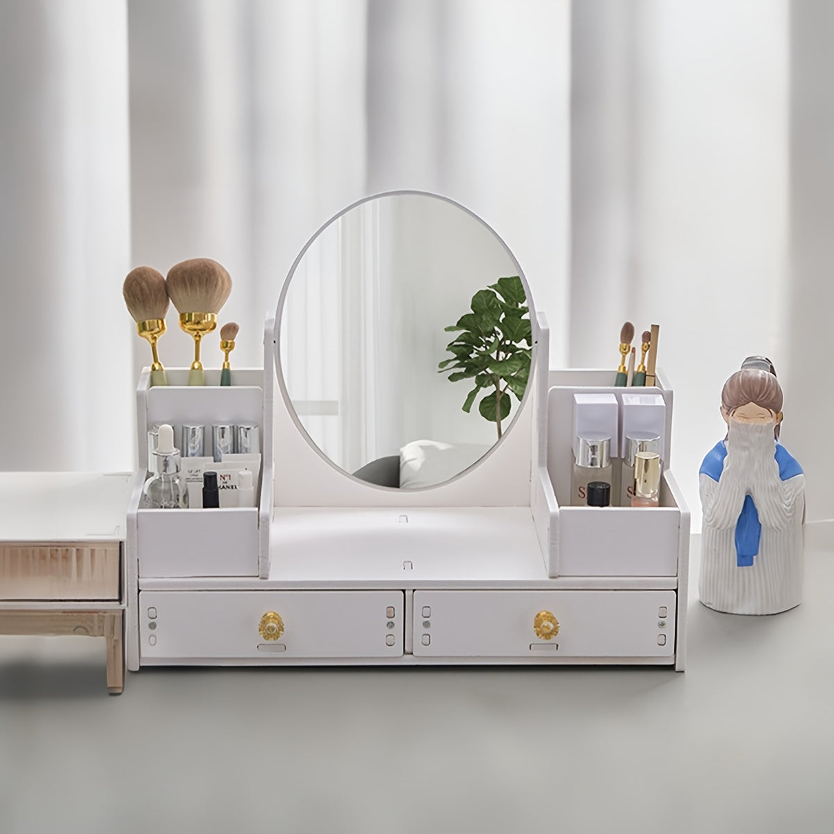 Organisateur de Maquillage avec Miroir Ovale – Boîte de Rangement à 2 Tiroirs pour Cosmétiques & Accessoires