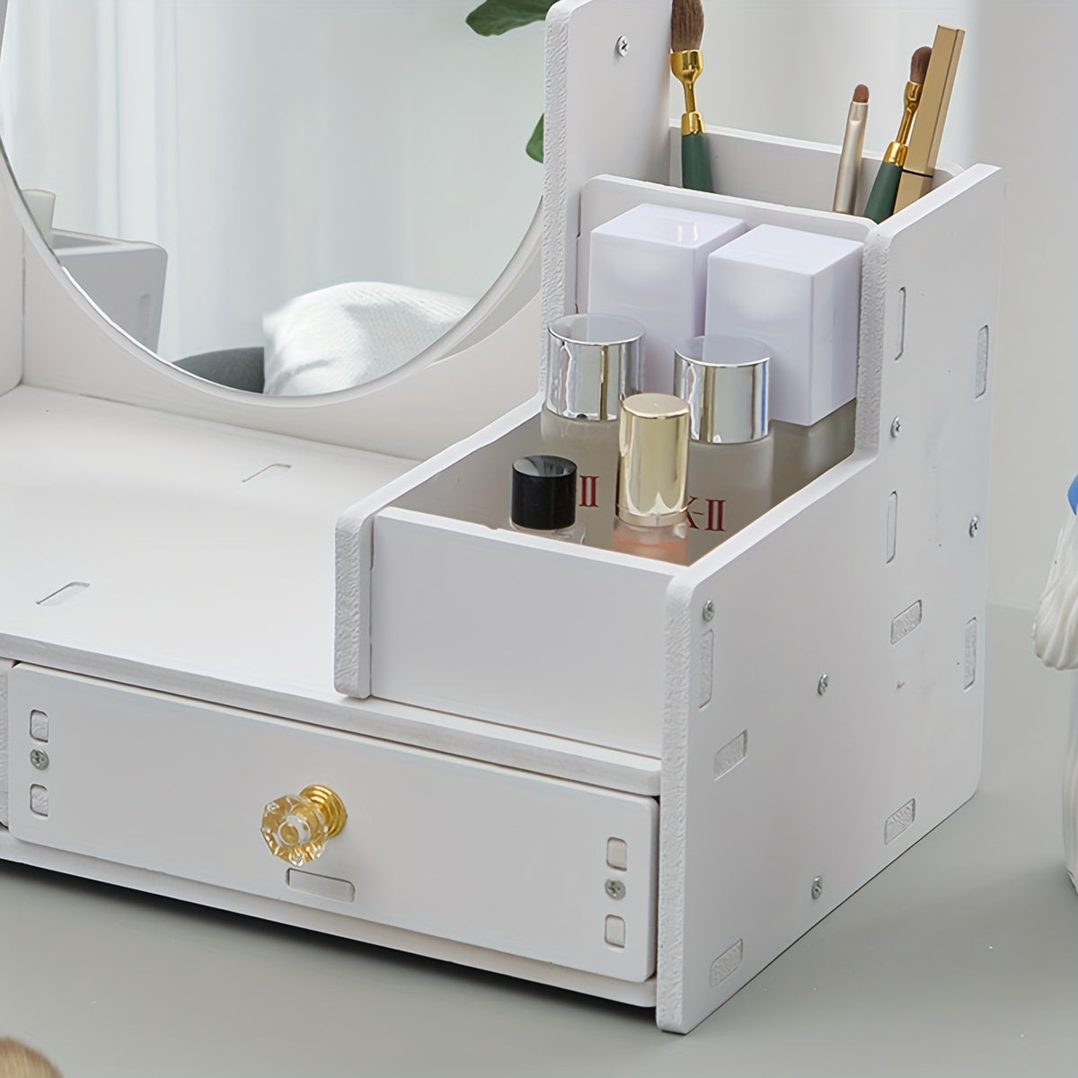 Organisateur de Maquillage avec Miroir Ovale – Boîte de Rangement à 2 Tiroirs pour Cosmétiques & Accessoires