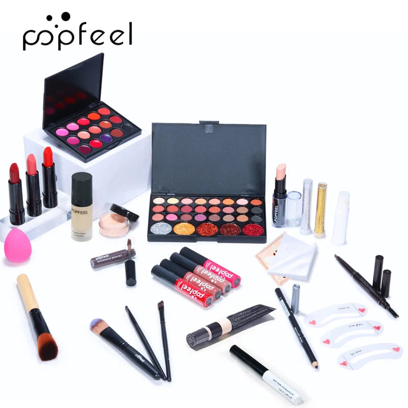 🎁 Coffret Maquillage Complet All-in-One – Palette, Rouge à Lèvres, Fond de Teint & Accessoires