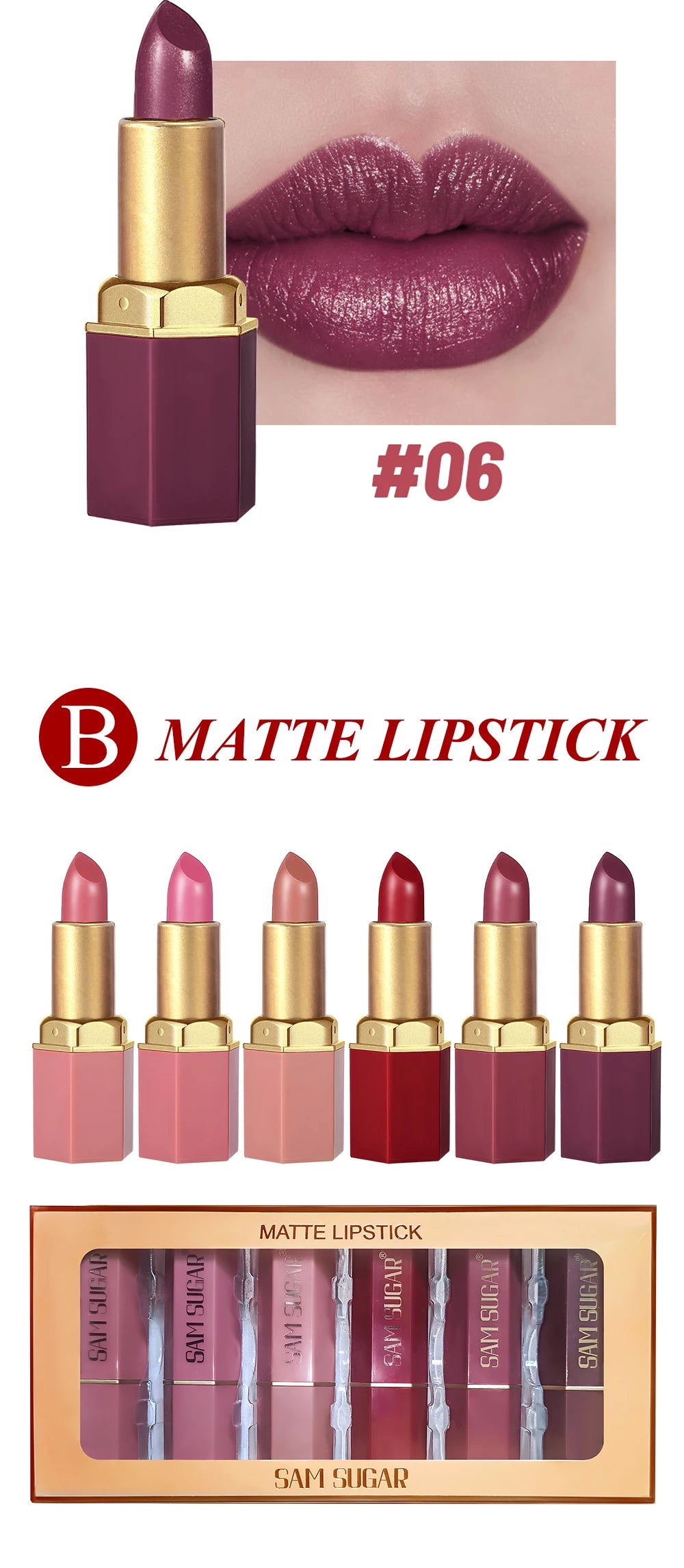 Coffret 6 Rouges à Lèvres Mat Velours – Longue Tenue & Couleurs Intenses