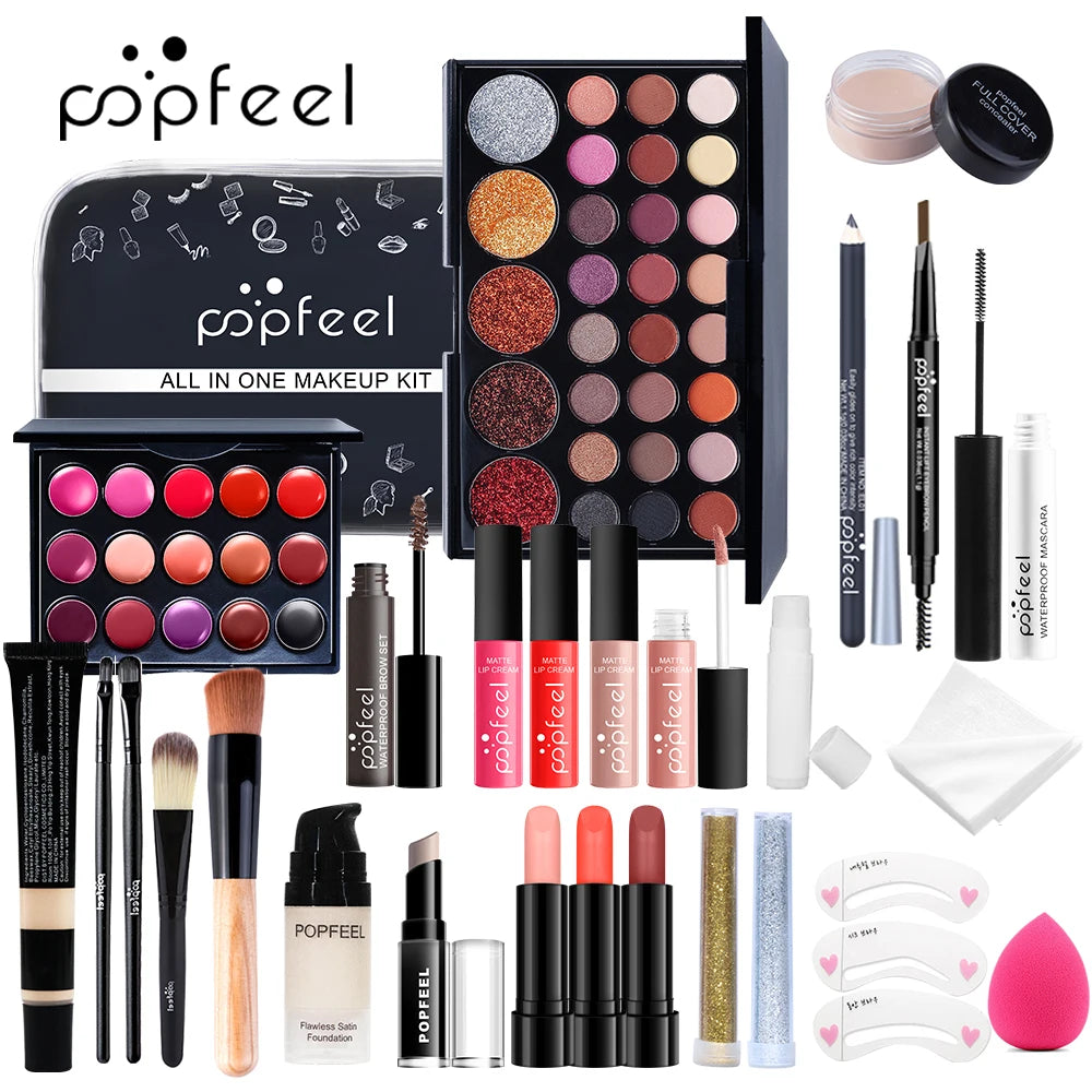 🎁 Coffret Maquillage Complet All-in-One – Palette, Rouge à Lèvres, Fond de Teint & Accessoires