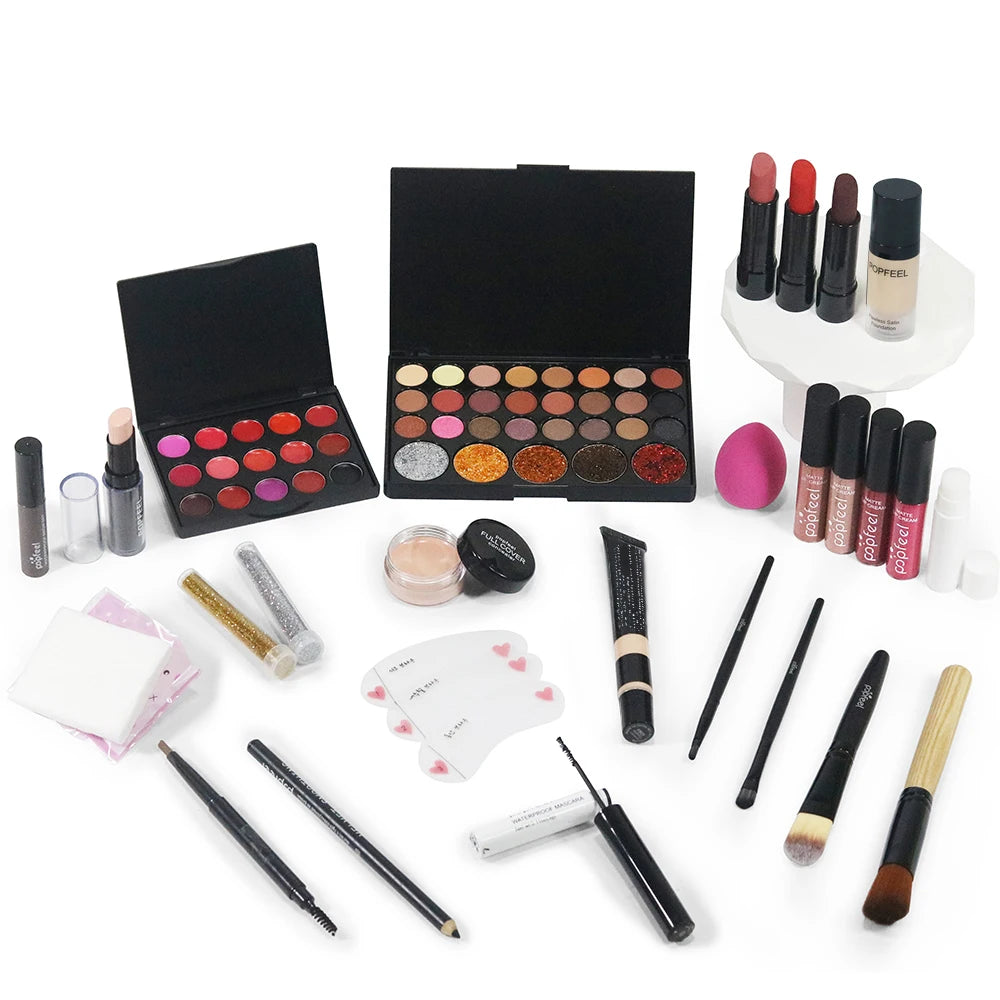 🎁 Coffret Maquillage Complet All-in-One – Palette, Rouge à Lèvres, Fond de Teint & Accessoires
