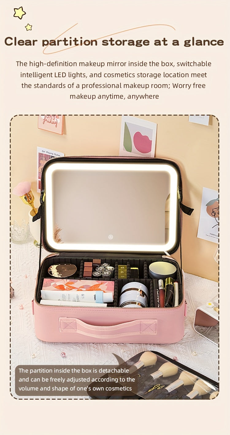 Trousse de Maquillage de Voyage avec Miroir LED – Luminosité Réglable & Séparateurs Amovibles
