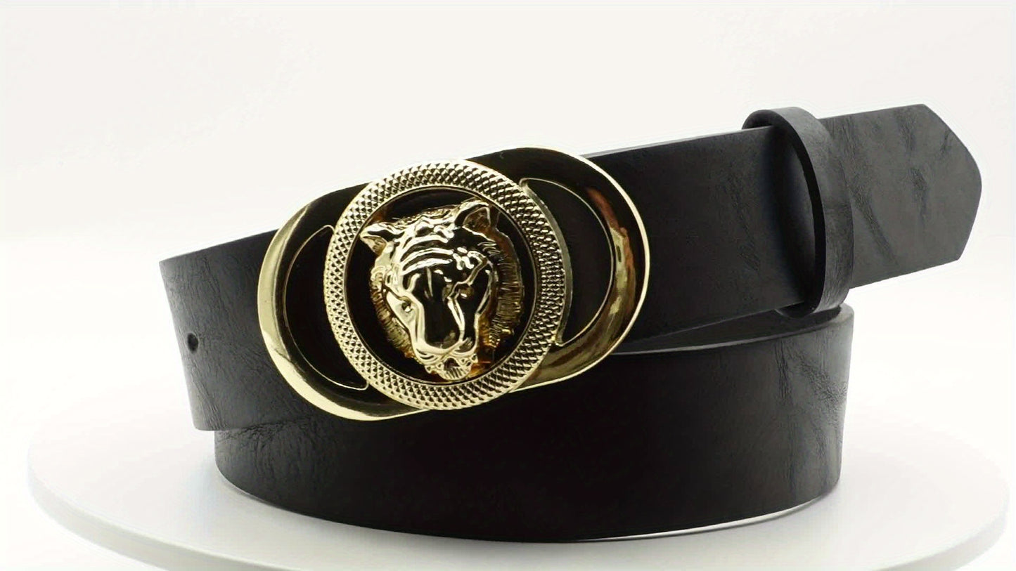 Ceinture femme noire – Boucle tête de lion dorée – Style vintage chic – Similicuir PU