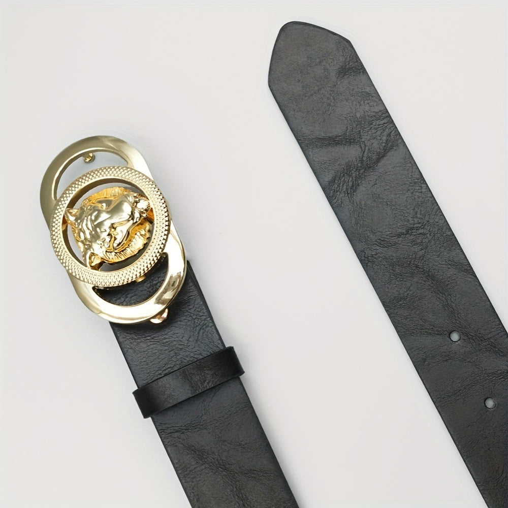 Ceinture femme noire – Boucle tête de lion dorée – Style vintage chic – Similicuir PU