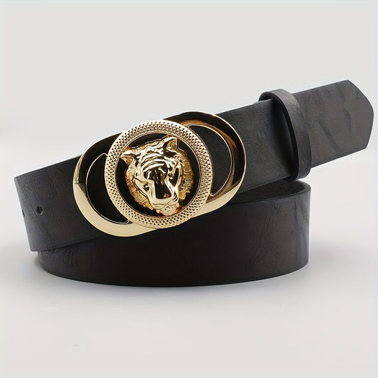 Ceinture femme noire – Boucle tête de lion dorée – Style vintage chic – Similicuir PU