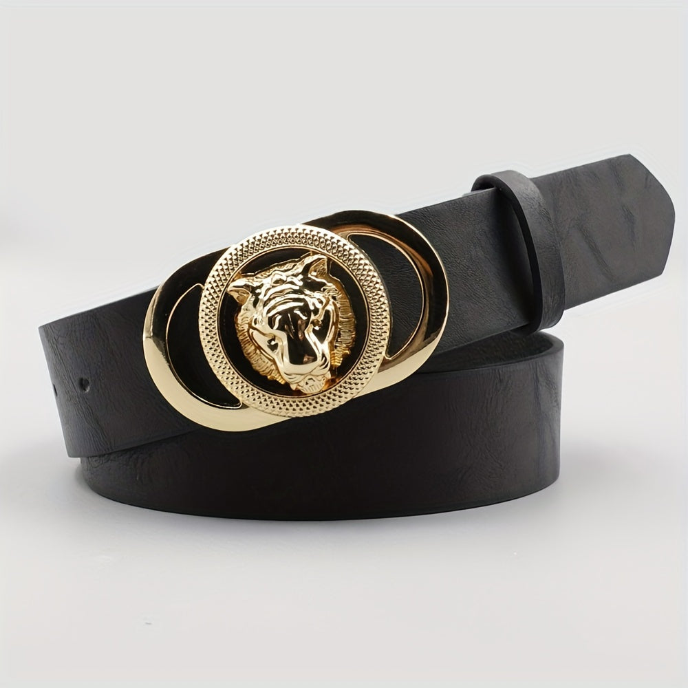 Ceinture femme noire – Boucle tête de lion dorée – Style vintage chic – Similicuir PU