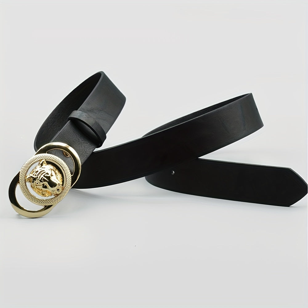 Ceinture femme noire – Boucle tête de lion dorée – Style vintage chic – Similicuir PU