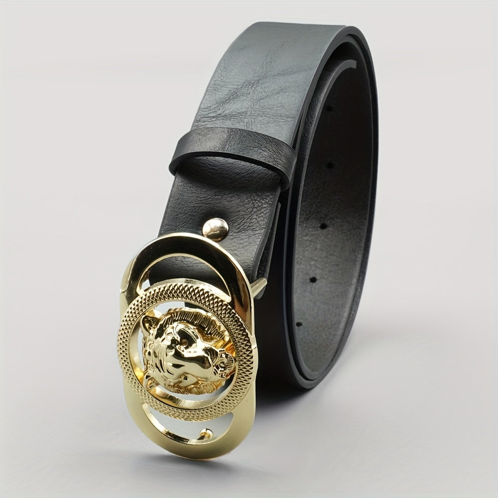 Ceinture femme noire – Boucle tête de lion dorée – Style vintage chic – Similicuir PU