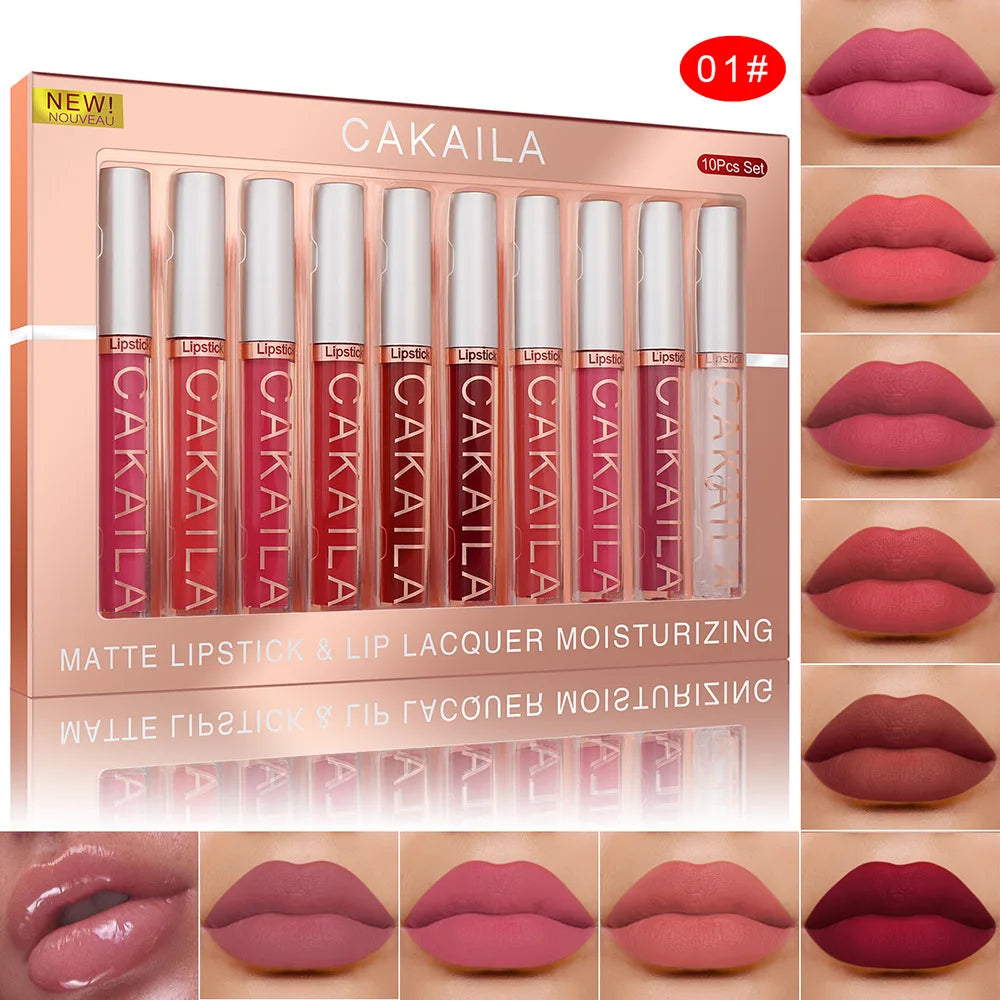 Set de 10 Rouges à Lèvres Liquides Mat & Brillant – Waterproof, Longue Tenue & Hydratants