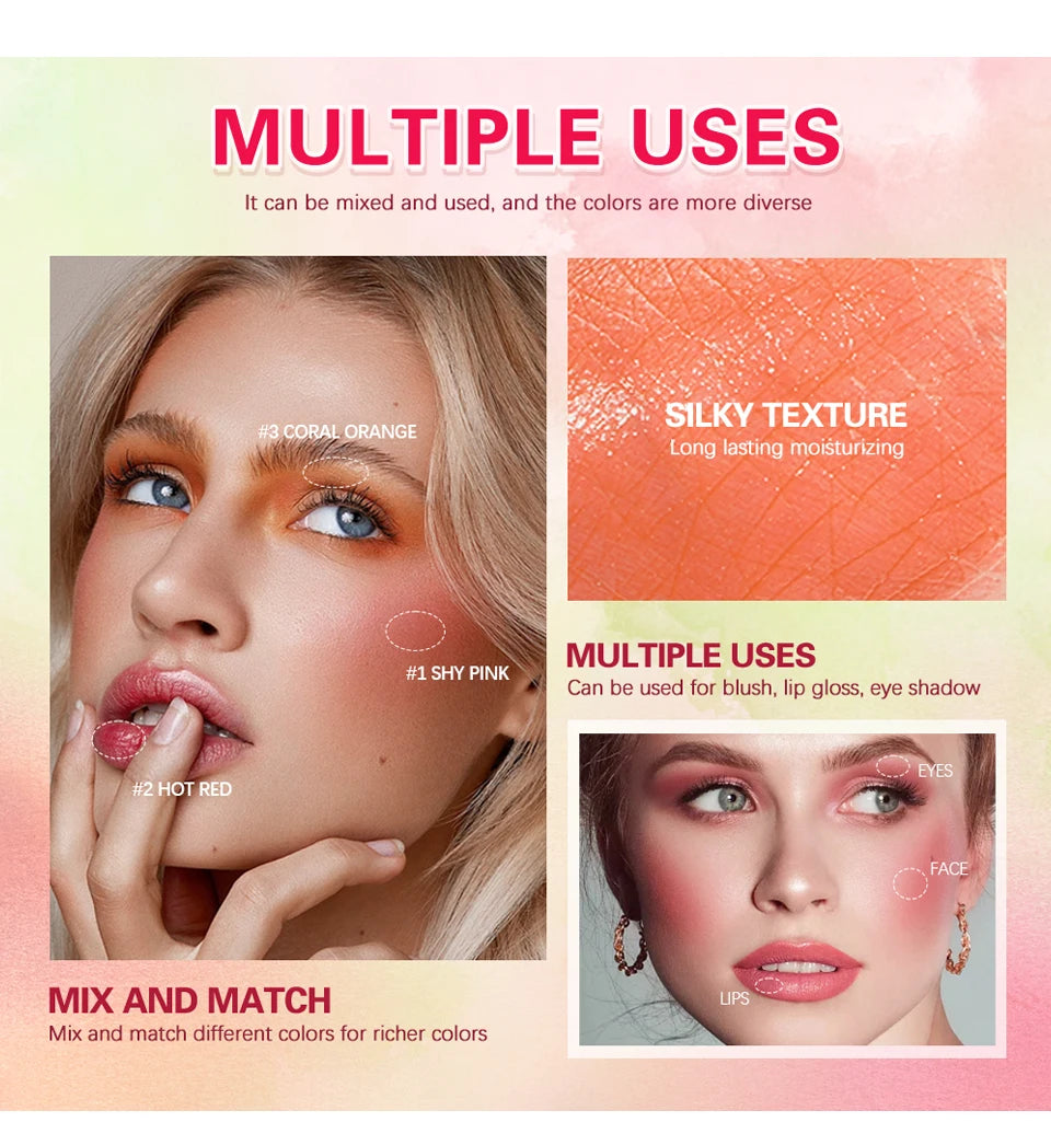 Blush Stick 3 Couleurs – Fard à Joues Crème Longue Tenue Multifonction (Lèvres, Joues & Paupières)