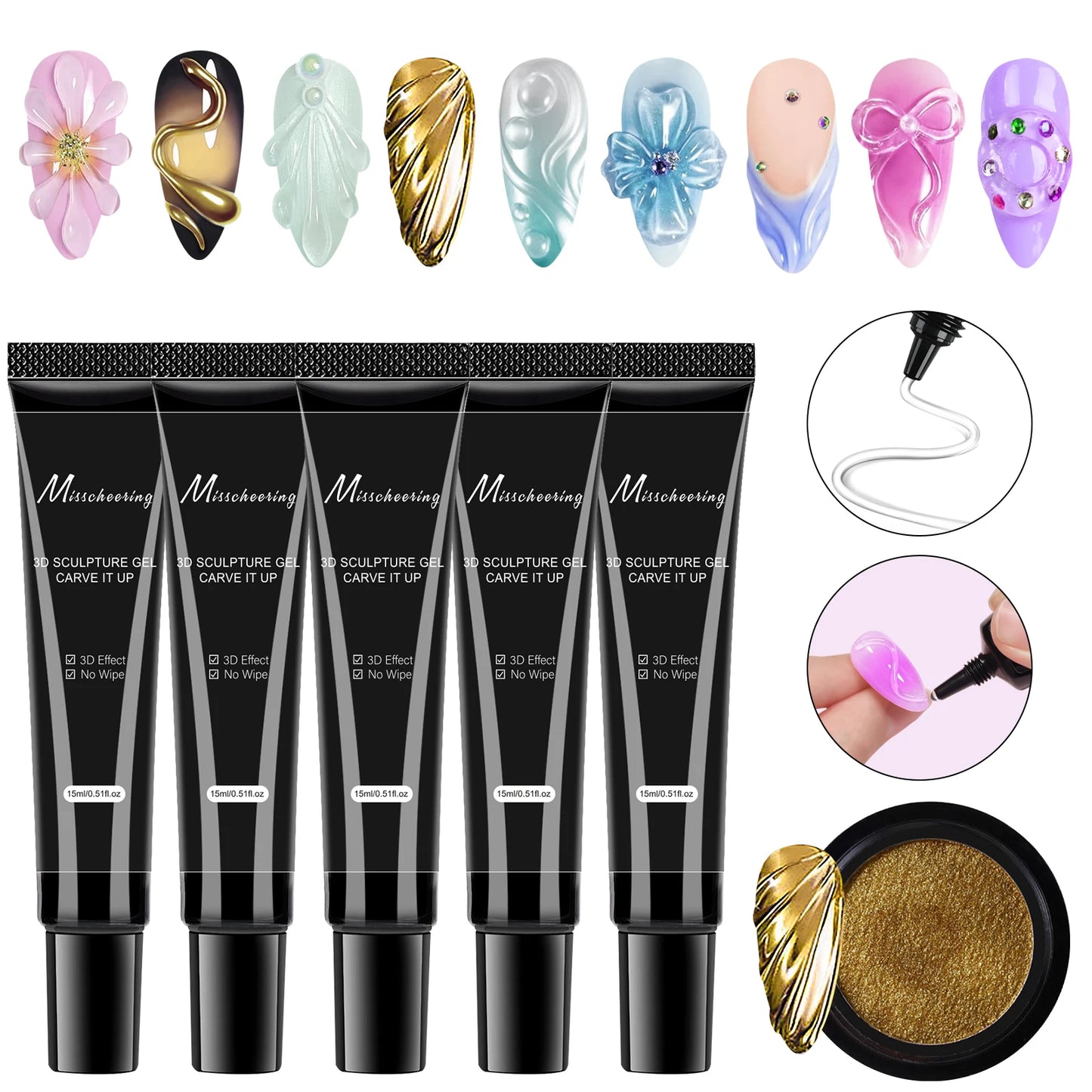 Gel Nail Art 3D 15ml – Gel de Sculpture Professionnel Imperméable UV/LED, Décoration Ongles et Strass Longue Durée