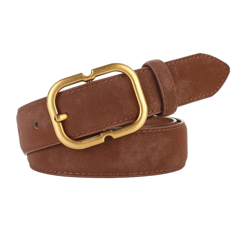 Ceinture Femme en Cuir Suédé – Boucle Carrée Dorée Élégante, Style Décontracté Chic