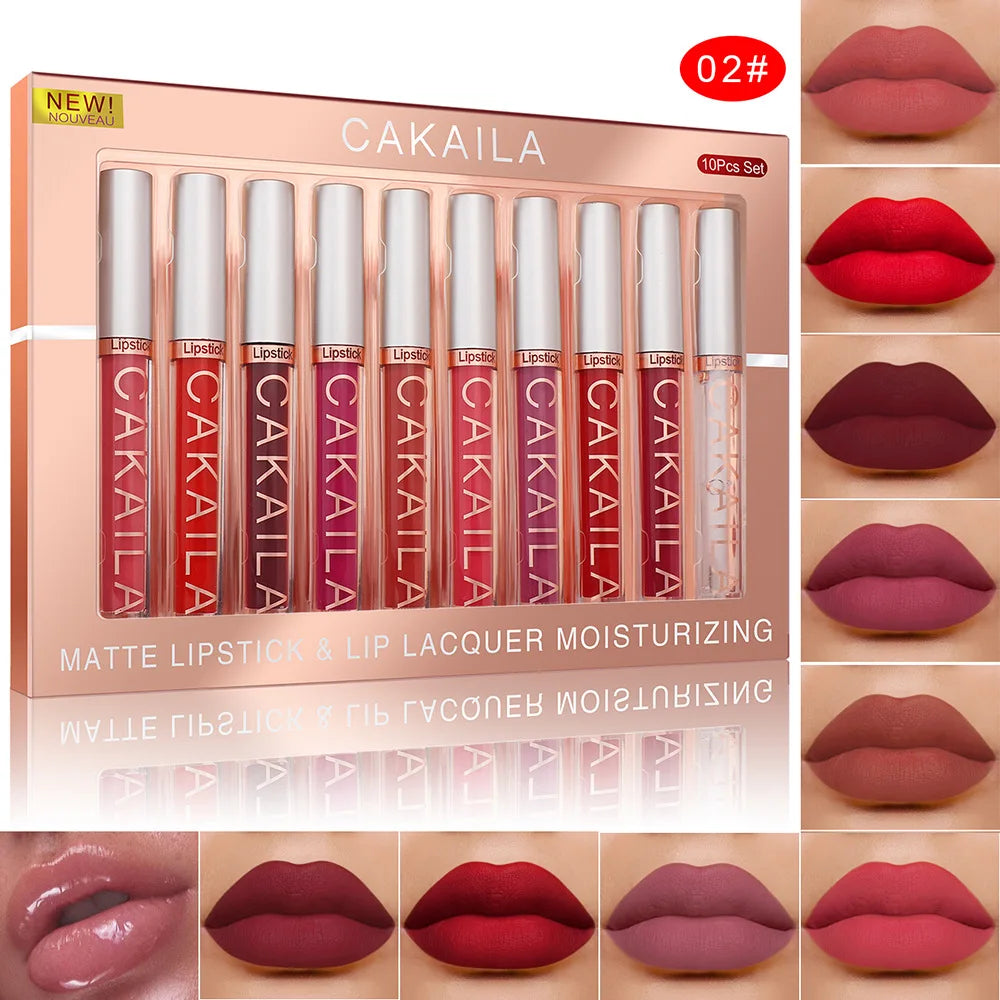 Set de 10 Rouges à Lèvres Liquides Mat & Brillant – Waterproof, Longue Tenue & Hydratants
