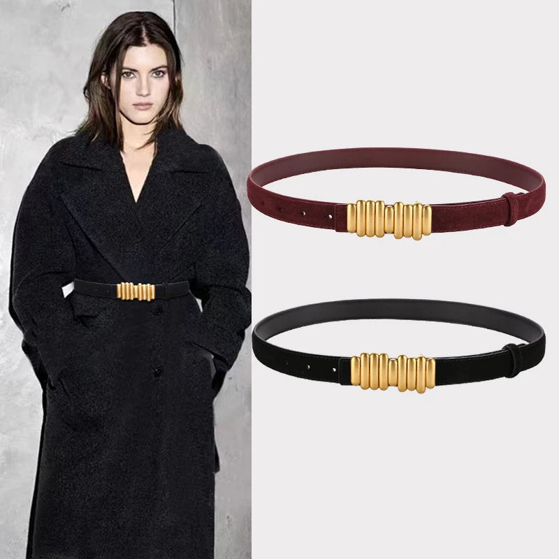 Ceinture Femme en Daim & Cuir Véritable – Boucle Dorée Élégante, Style Chic pour Robe ou Jean