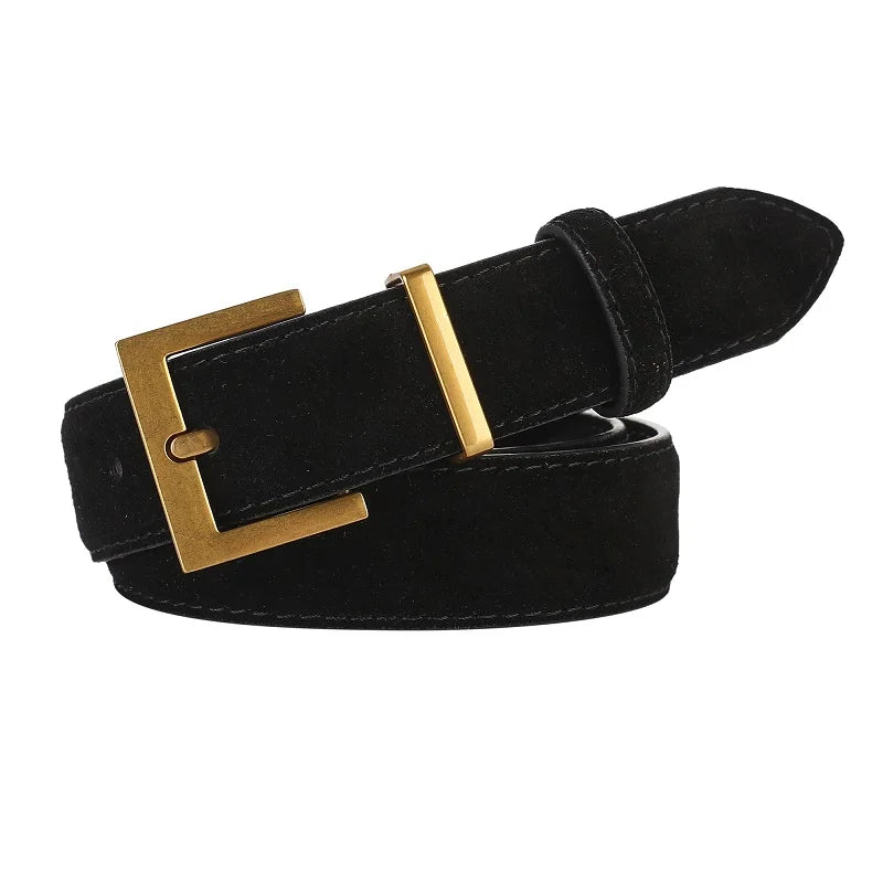 Ceinture Femme en Cuir Suédé – Boucle Carrée Dorée Élégante, Style Décontracté Chic