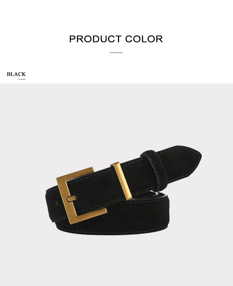 Ceinture Femme en Cuir Suédé – Boucle Carrée Dorée Élégante, Style Décontracté Chic