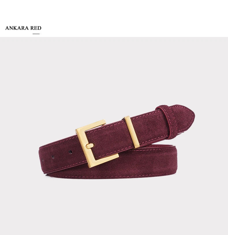 Ceinture Femme en Cuir Suédé – Boucle Carrée Dorée Élégante, Style Décontracté Chic