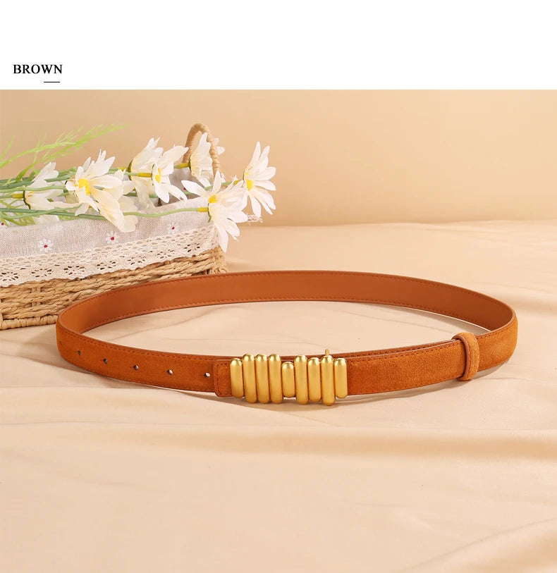 Ceinture Femme en Daim & Cuir Véritable – Boucle Dorée Élégante, Style Chic pour Robe ou Jean