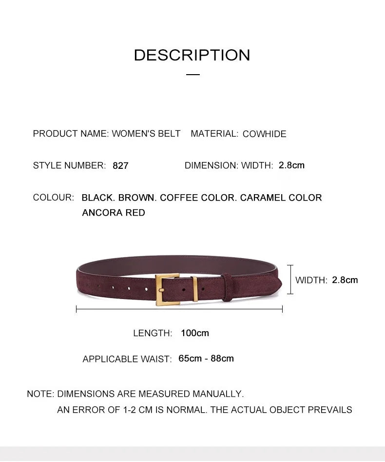 Ceinture Femme en Cuir Suédé – Boucle Carrée Dorée Élégante, Style Décontracté Chic