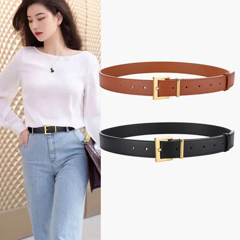 Ceinture Femme en Cuir Suédé – Boucle Carrée Dorée Élégante, Style Décontracté Chic