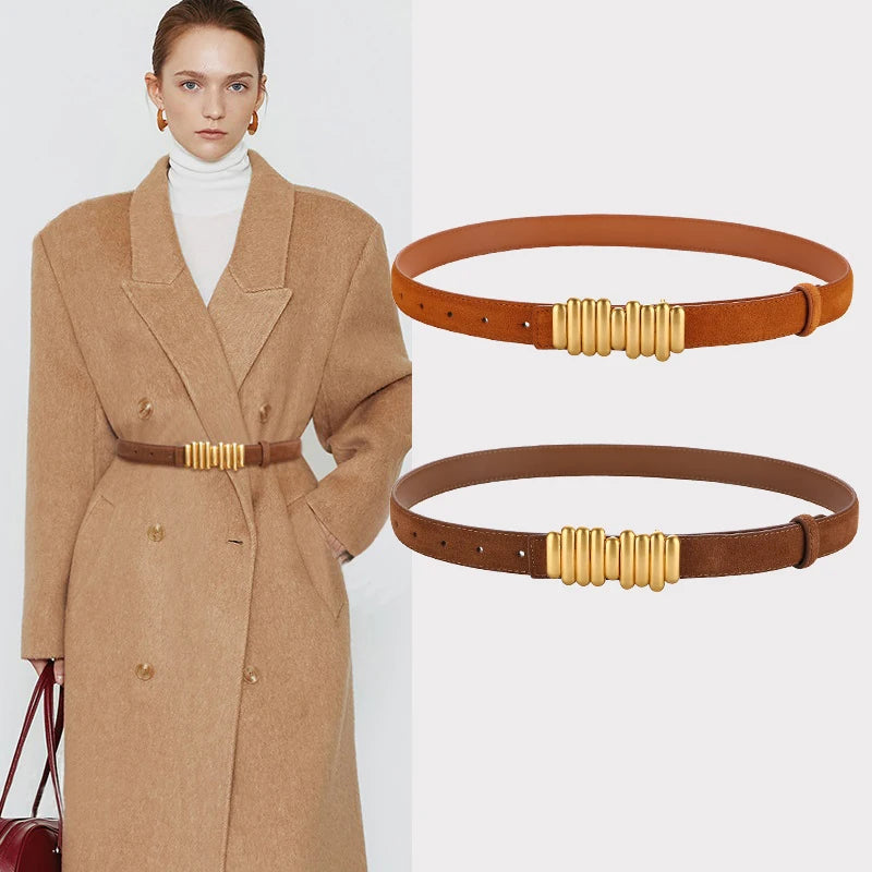 Ceinture Femme en Daim & Cuir Véritable – Boucle Dorée Élégante, Style Chic pour Robe ou Jean