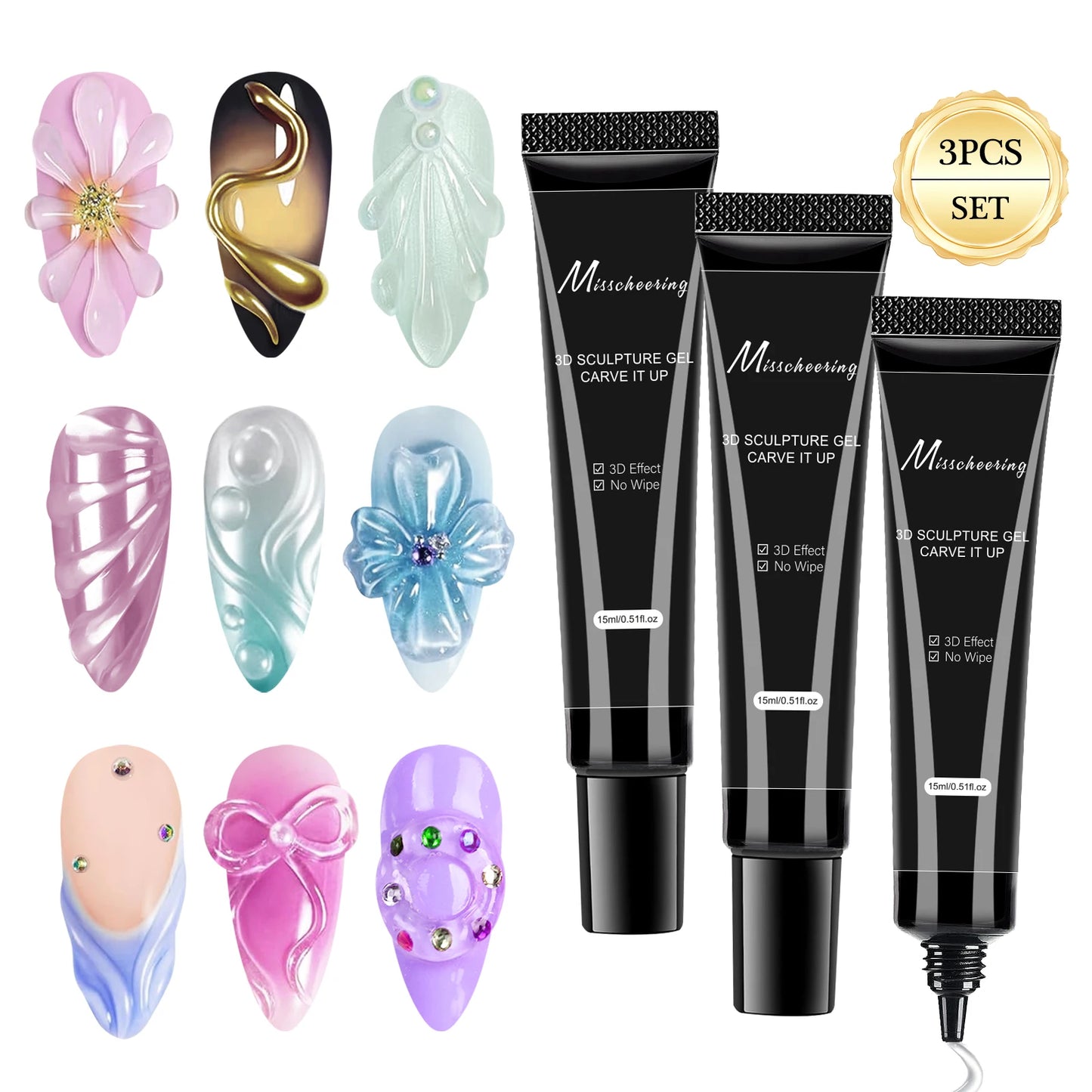 Gel Nail Art 3D 15ml – Gel de Sculpture Professionnel Imperméable UV/LED, Décoration Ongles et Strass Longue Durée