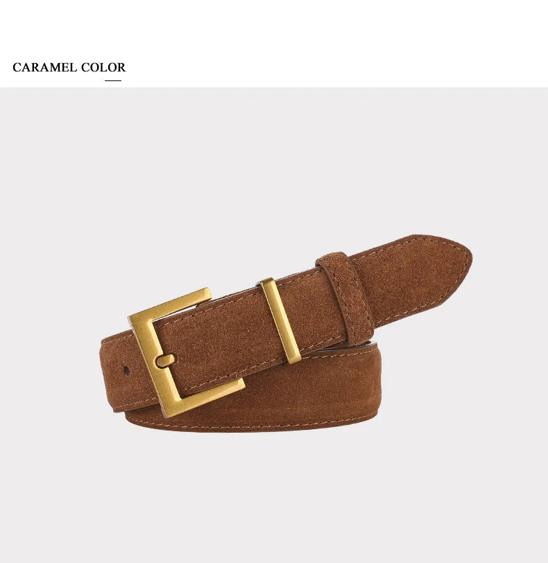 Ceinture Femme en Cuir Suédé – Boucle Carrée Dorée Élégante, Style Décontracté Chic