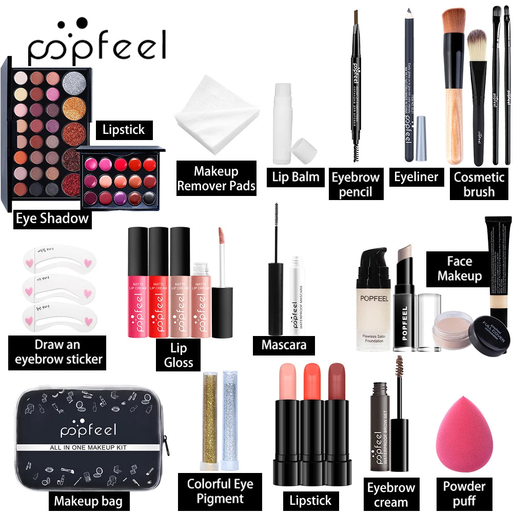 🎁 Coffret Maquillage Complet  All-in-One – Palette, Rouge à Lèvres, Fond de Teint & Accessoires