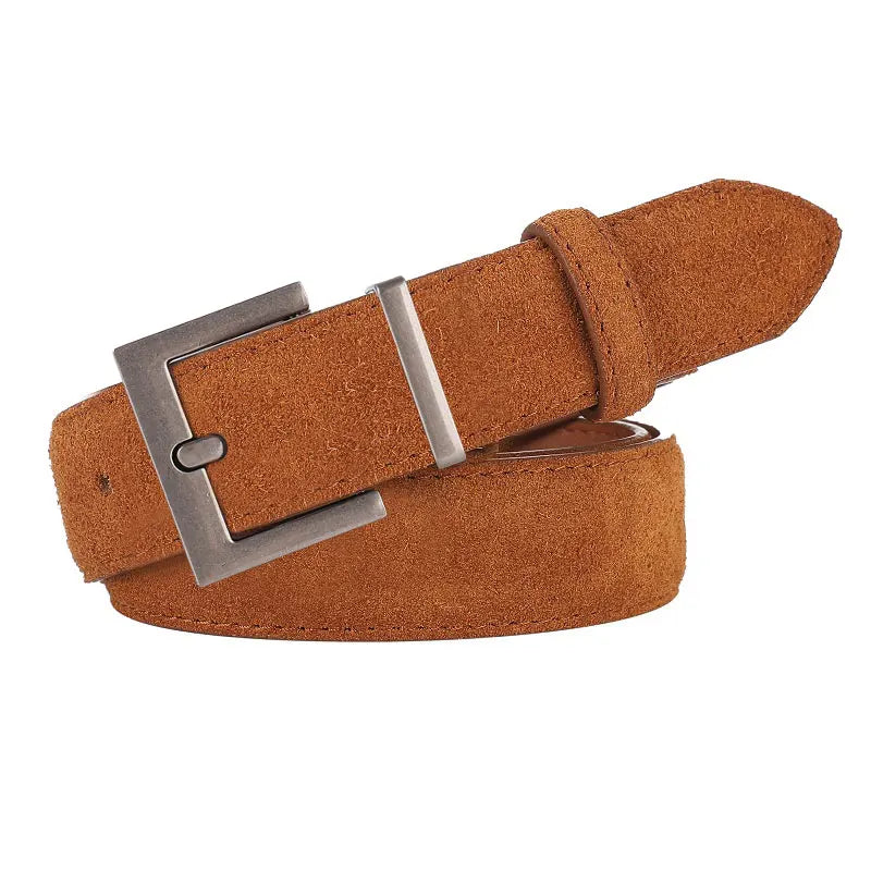 Ceinture Femme en Cuir Suédé – Boucle Carrée Dorée Élégante, Style Décontracté Chic