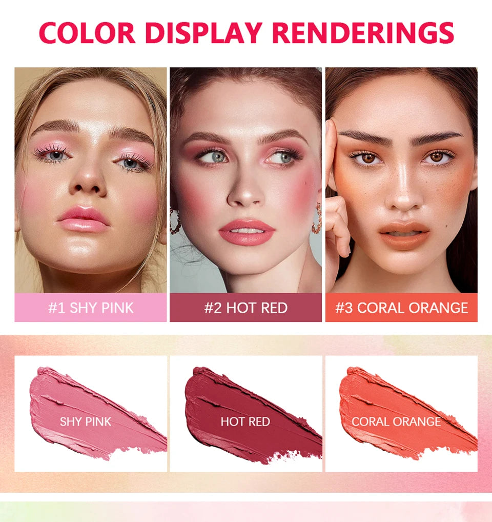 Blush Stick 3 Couleurs – Fard à Joues Crème Longue Tenue Multifonction (Lèvres, Joues & Paupières)
