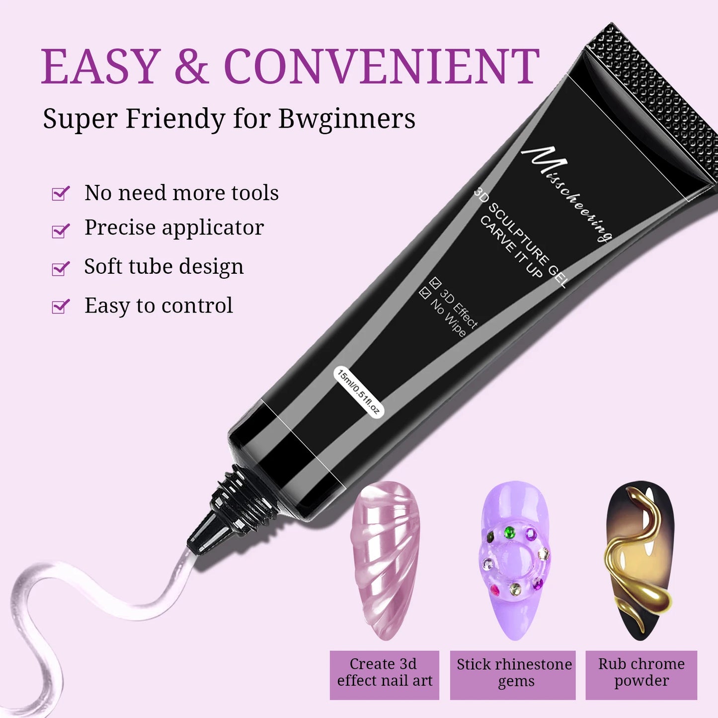 Gel Nail Art 3D 15ml – Gel de Sculpture Professionnel Imperméable UV/LED, Décoration Ongles et Strass Longue Durée