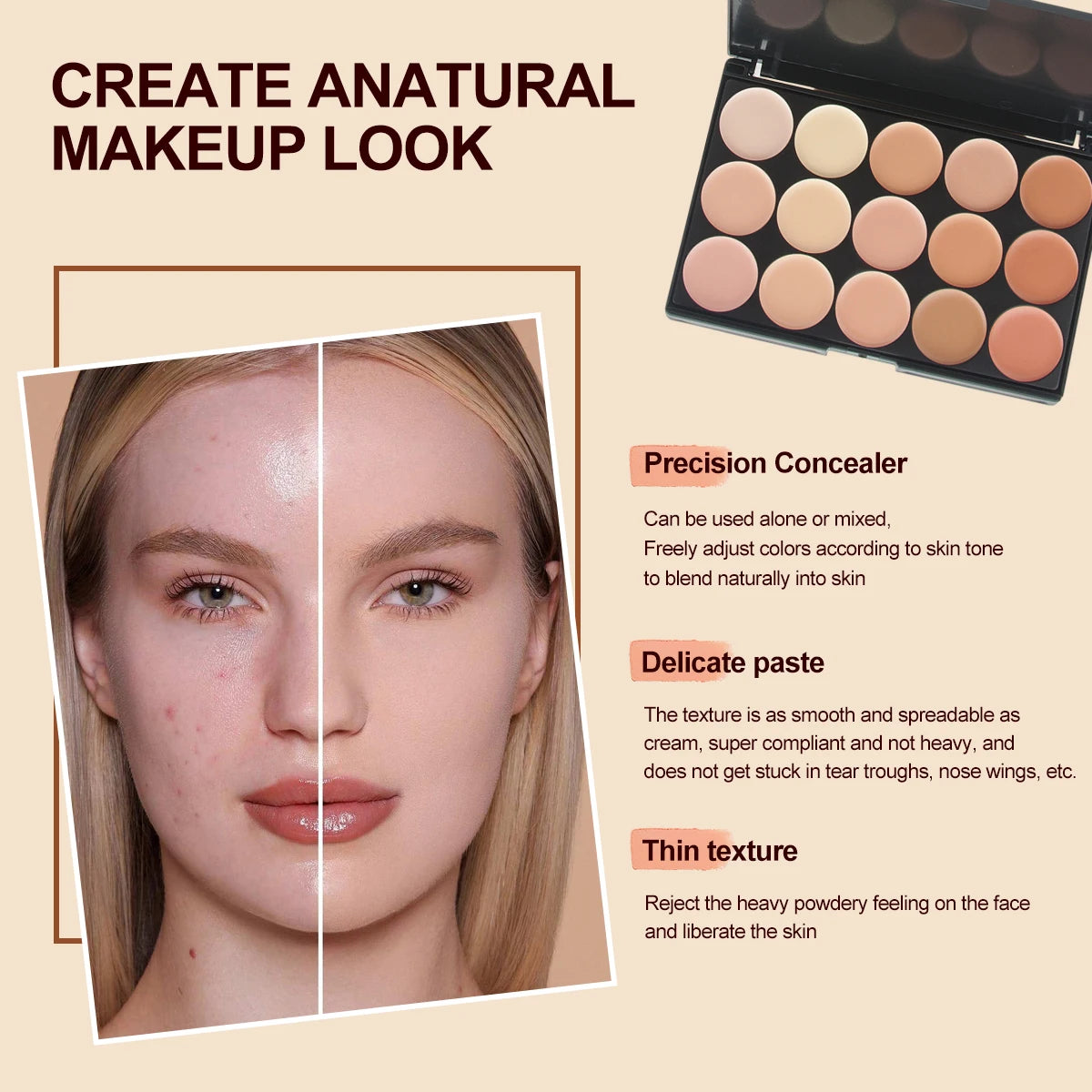 ✨ Palette Correcteur & Contour 15 Teintes + Accessoires – Maquillage Professionnel Longue Tenue