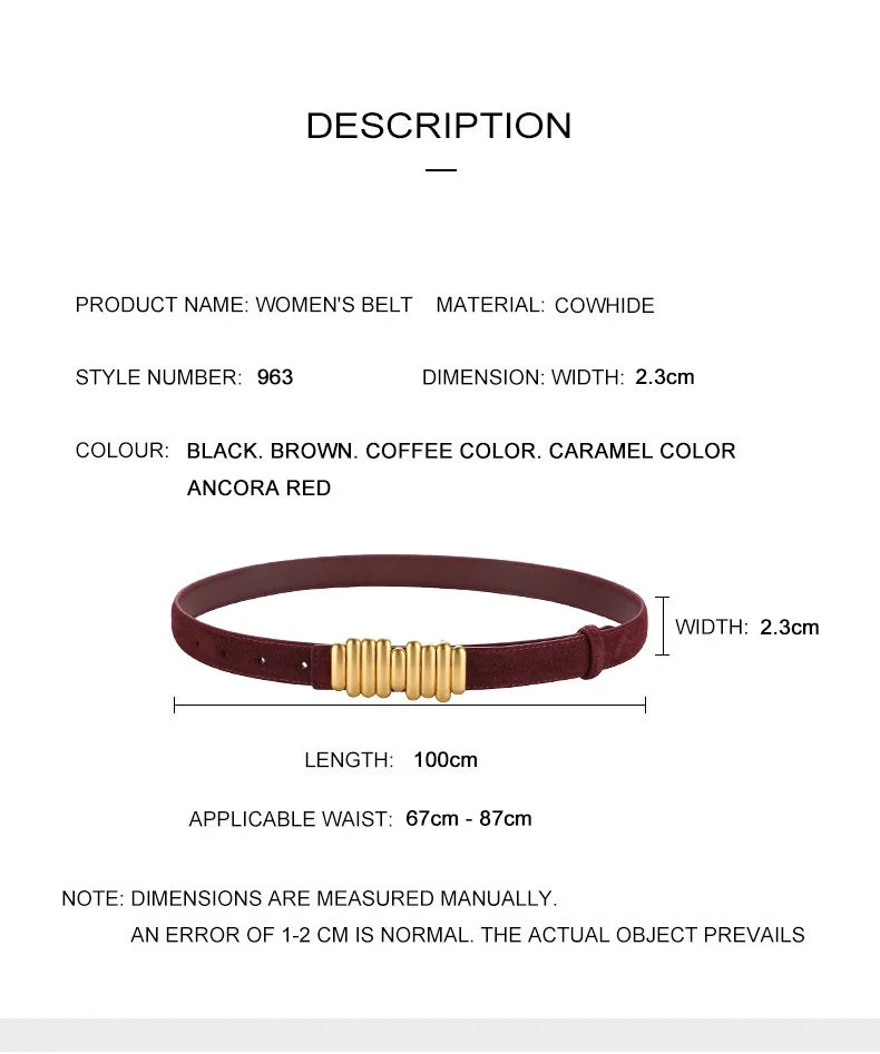 Ceinture Femme en Daim & Cuir Véritable – Boucle Dorée Élégante, Style Chic pour Robe ou Jean