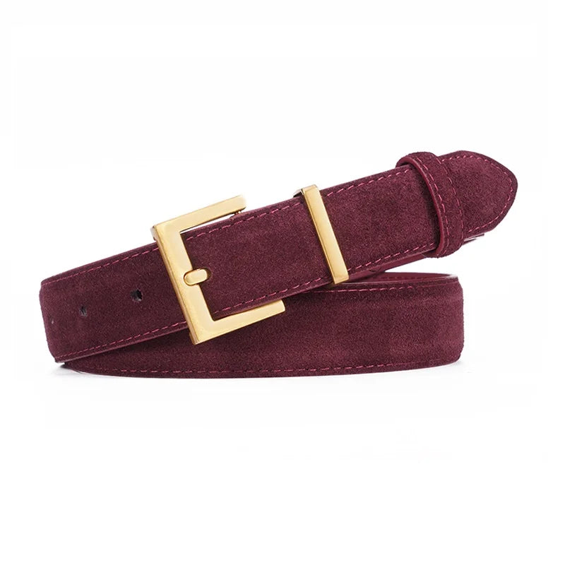 Ceinture Femme en Cuir Suédé – Boucle Carrée Dorée Élégante, Style Décontracté Chic