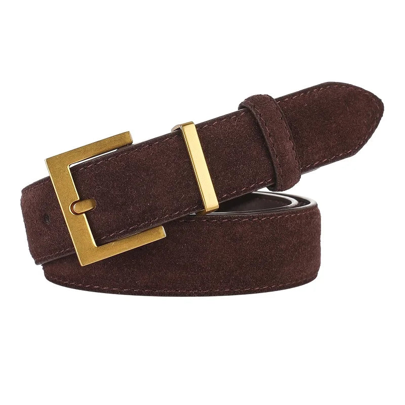 Ceinture Femme en Cuir Suédé – Boucle Carrée Dorée Élégante, Style Décontracté Chic