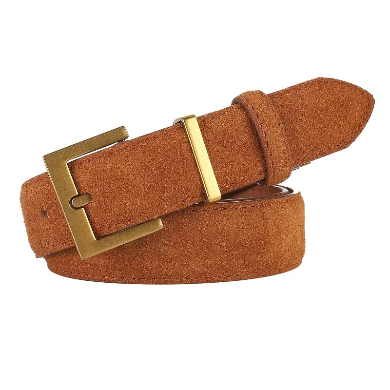 Ceinture Femme en Cuir Suédé – Boucle Carrée Dorée Élégante, Style Décontracté Chic
