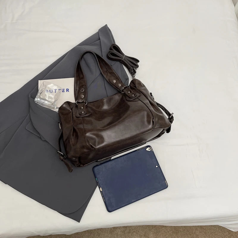 Sac Fourre-Tout Femme Rétro en Cuir PU – Grande Capacité Élégante, Style Boston avec Pochette Intérieure