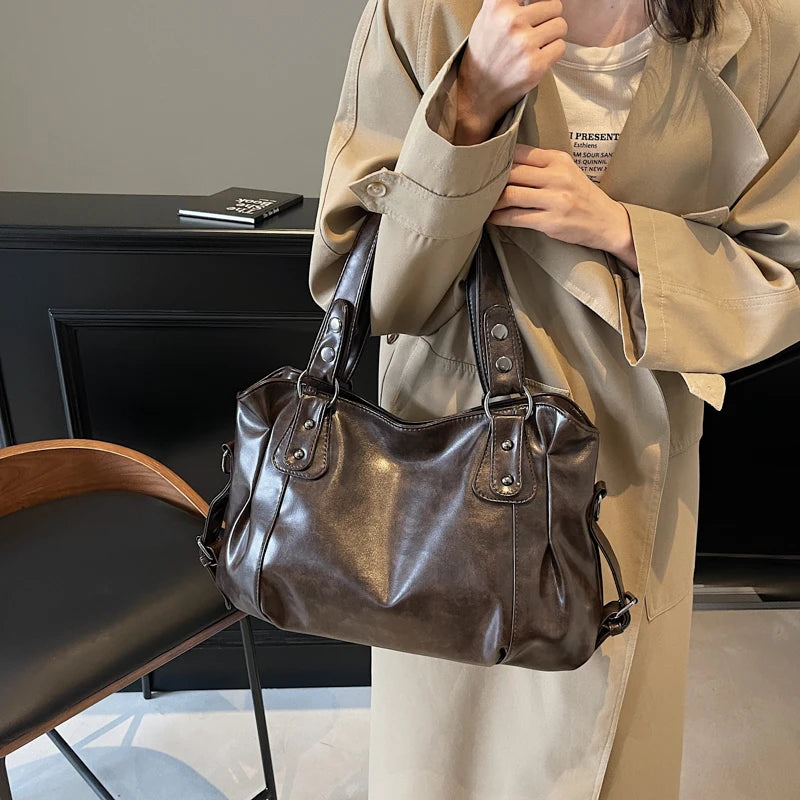 Sac Fourre-Tout Femme Rétro en Cuir PU – Grande Capacité Élégante, Style Boston avec Pochette Intérieure