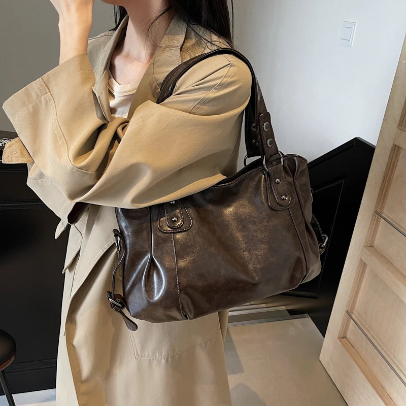 Sac Fourre-Tout Femme Rétro en Cuir PU – Grande Capacité Élégante, Style Boston avec Pochette Intérieure