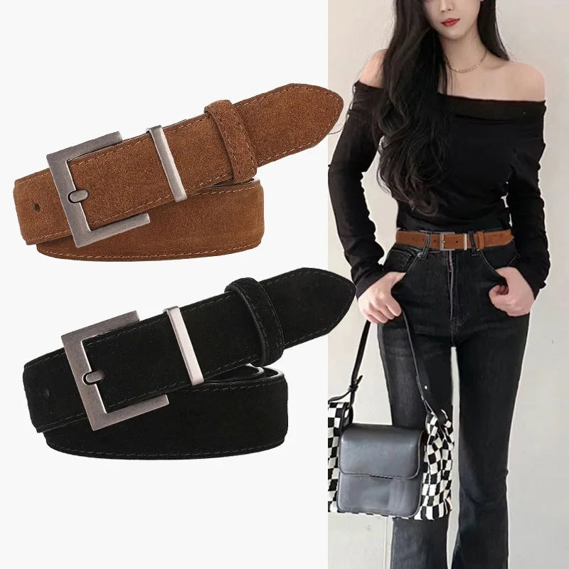 Ceinture Femme en Cuir Suédé – Boucle Carrée Dorée Élégante, Style Décontracté Chic