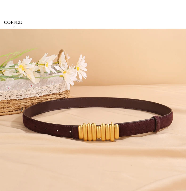 Ceinture Femme en Daim & Cuir Véritable – Boucle Dorée Élégante, Style Chic pour Robe ou Jean