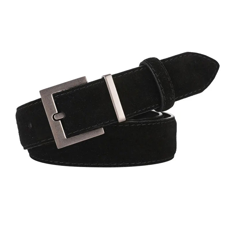 Ceinture Femme en Cuir Suédé – Boucle Carrée Dorée Élégante, Style Décontracté Chic