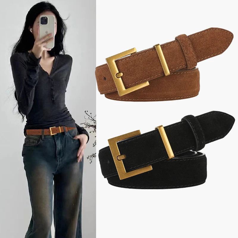 Ceinture Femme en Cuir Suédé – Boucle Carrée Dorée Élégante, Style Décontracté Chic