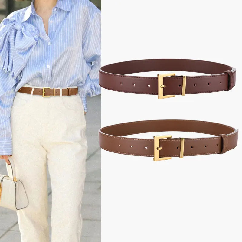 Ceinture Femme en Cuir Suédé – Boucle Carrée Dorée Élégante, Style Décontracté Chic