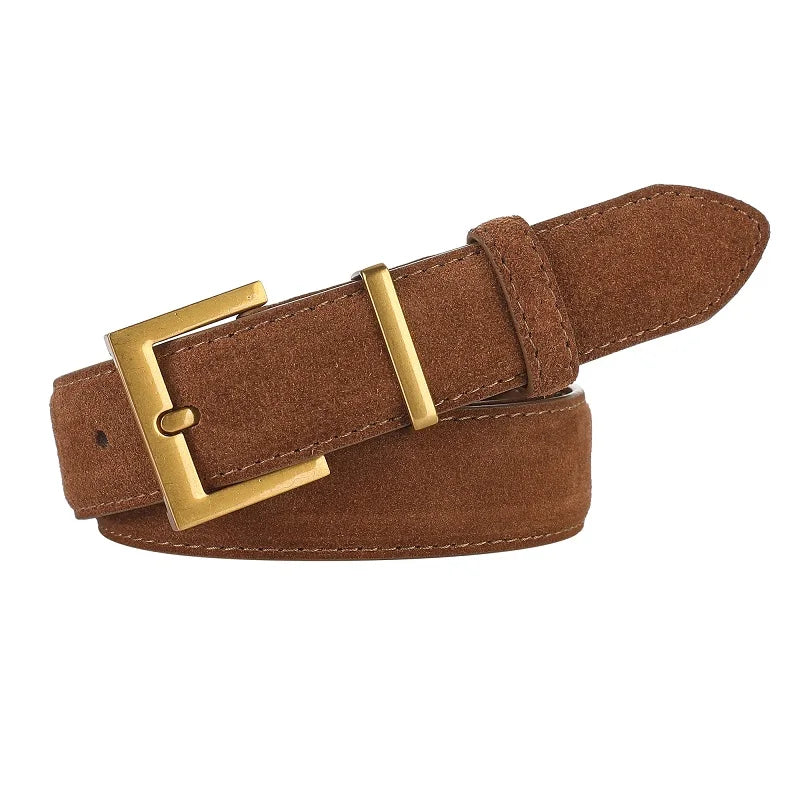 Ceinture Femme en Cuir Suédé – Boucle Carrée Dorée Élégante, Style Décontracté Chic