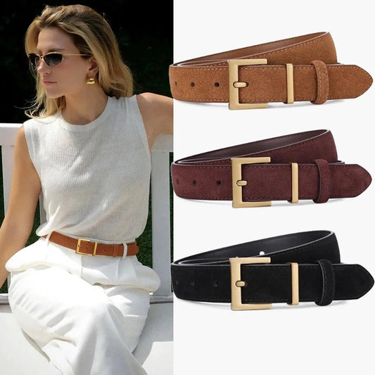 Ceinture Femme en Cuir Suédé – Boucle Carrée Dorée Élégante, Style Décontracté Chic