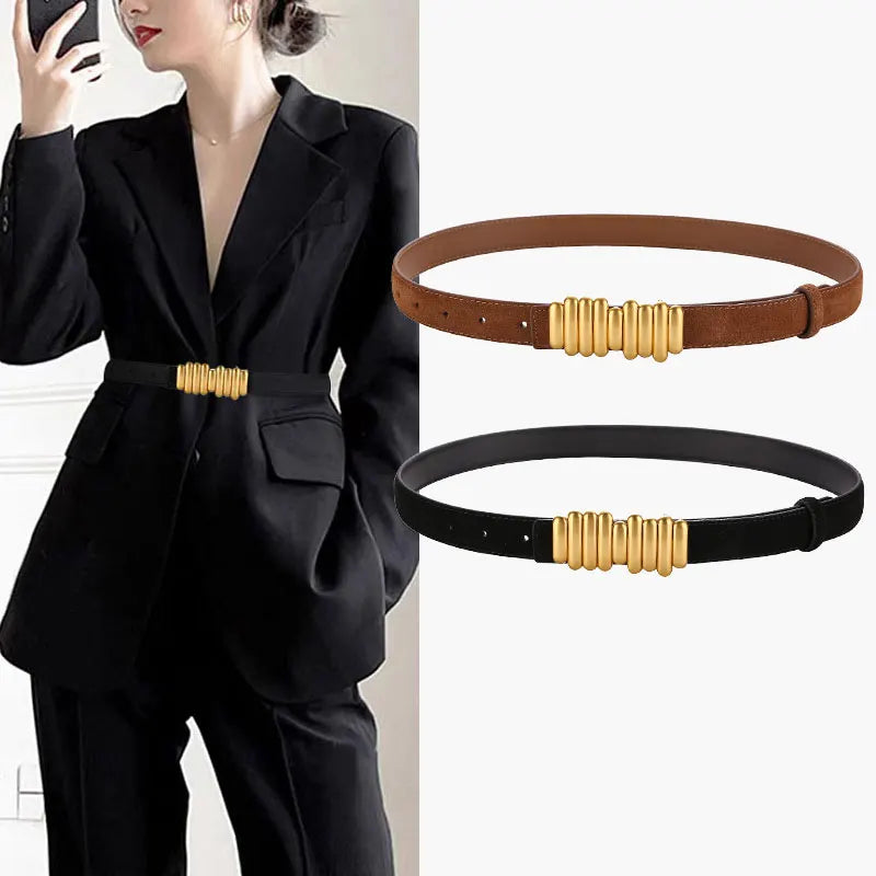 Ceinture Femme en Daim & Cuir Véritable – Boucle Dorée Élégante, Style Chic pour Robe ou Jean