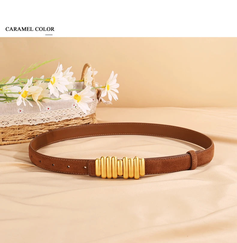 Ceinture Femme en Daim & Cuir Véritable – Boucle Dorée Élégante, Style Chic pour Robe ou Jean